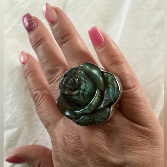 Sterling Silver Hand Carved Rose Labradorite Ring